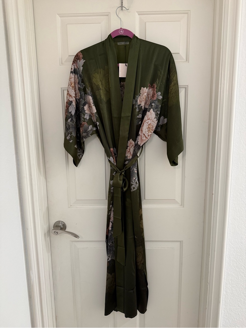 SILK KEINA LONG KIMONO ROBE Green Peonies NWT - Picture 2 of 12